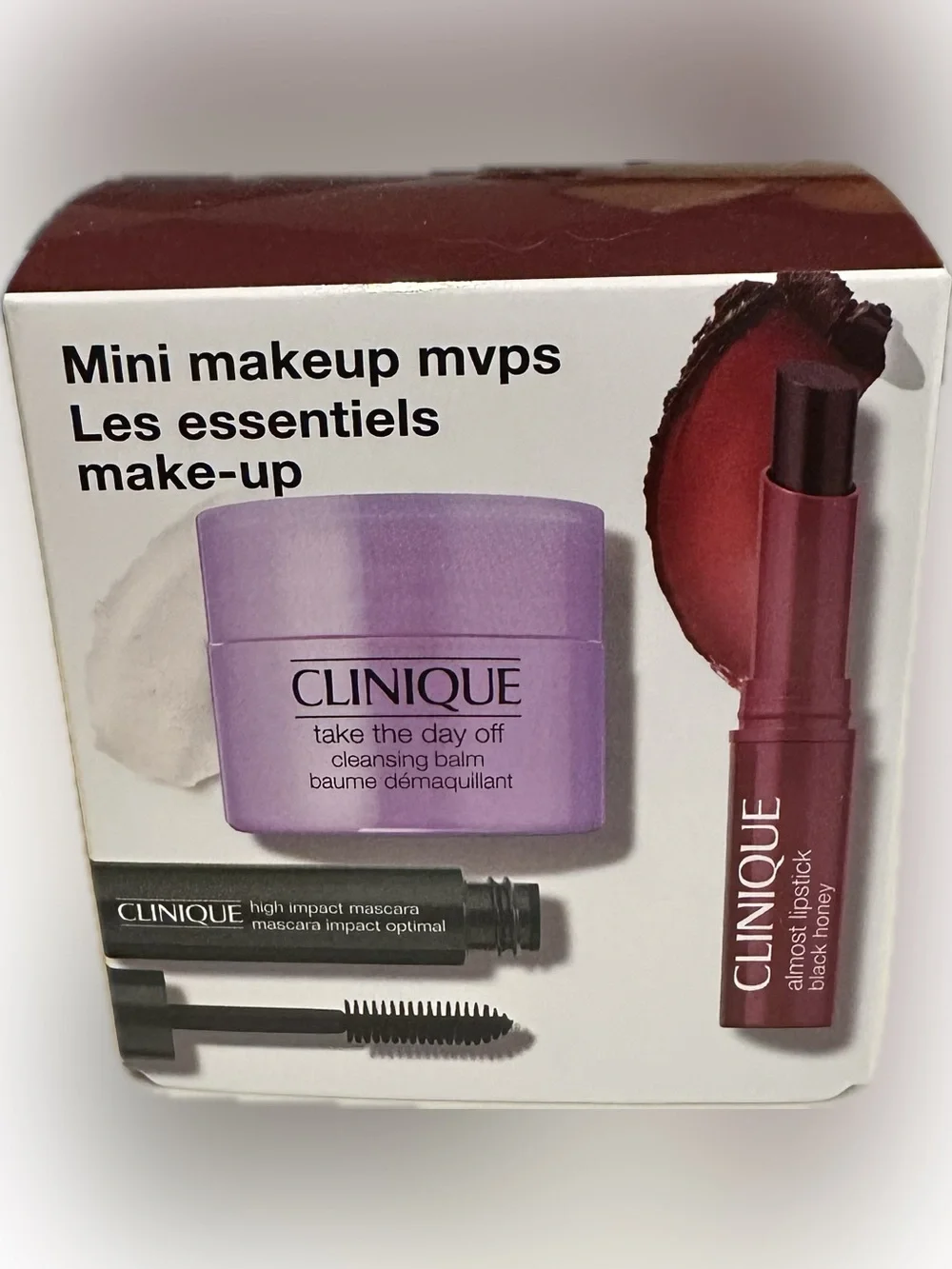 CLINIQUE MINI MAKEUP MVPs LIPSTICK BLACK HONEY HIGH IMPACT MASCARA CLEANSER BALM